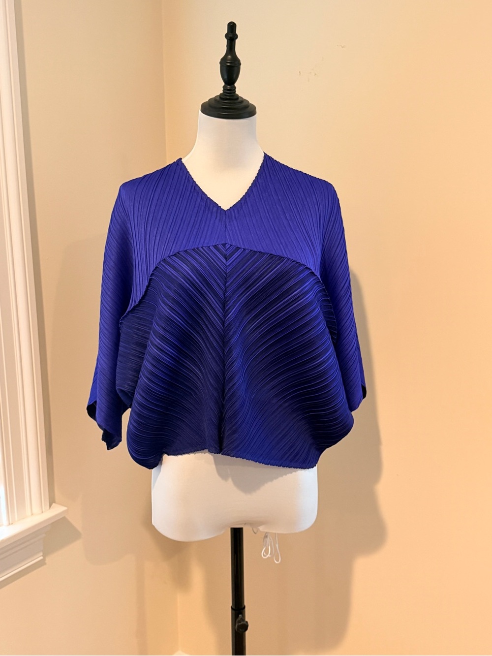 Issey Miyake pleats please Pleated V-Neck Sweater Top in Cobalt Blue